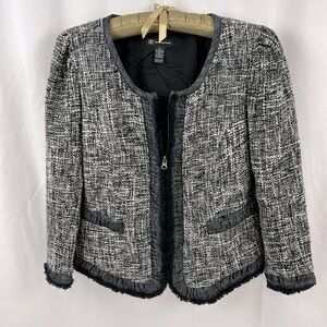 International Concepts Cropped Tweed, Denim & Boucle Jacket Salt & Pepper Large